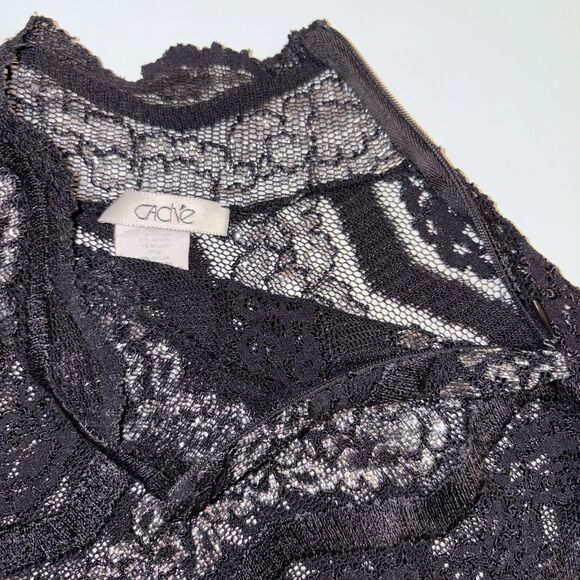 Vtg Y2K Cache Black Silver Metallic Sheer Stretch Lace Top High Neck Size Large - Picture 9 of 9
